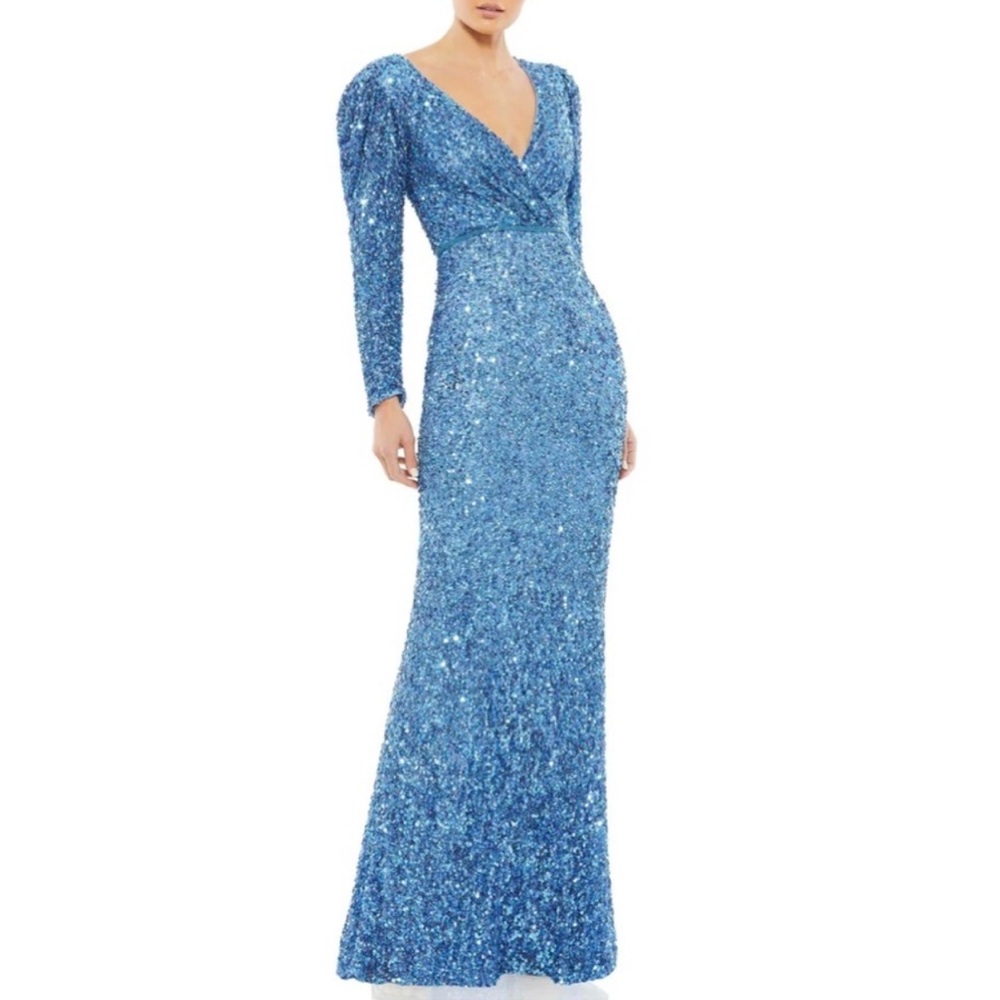Mac Duggal French Blue Sequined Puff Shoulder Surplice Evening Gown - Reemoly
